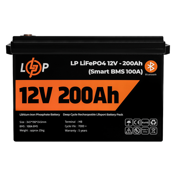 Аккумулятор LP LiFePO4 12V (12,8V) - 200 Ah (2560Wh) (Smart BMS 100А) с BT пластик для ИБП 20198 фото
