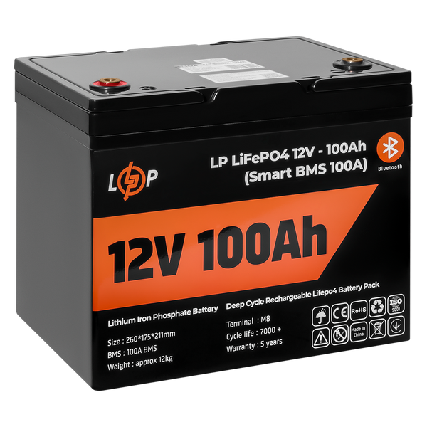 Аккумулятор LP LiFePO4 12V (12,8V) - 100 Ah (1280Wh) (Smart BMS 100А) с BT пластик для ИБП 20197 фото