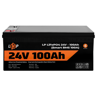 Акумулятор LP LiFePO4 24V (25,6V) - 100 Ah (2560Wh) (Smart BMS 100А) з BT пластик для ДБЖ 20200 фото