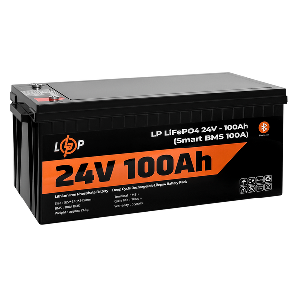 Акумулятор LP LiFePO4 24V (25,6V) - 100 Ah (2560Wh) (Smart BMS 100А) з BT пластик для ДБЖ 20200 фото