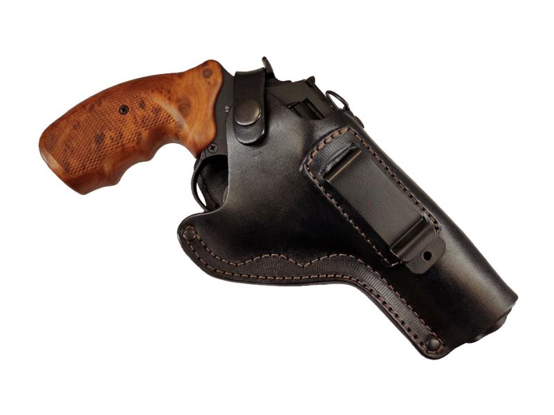 Кобура Револьвер 4 оперативная поясная скрытого внутрибрючного ношения не формованная с клипсой кожа чёрная 24352 фото