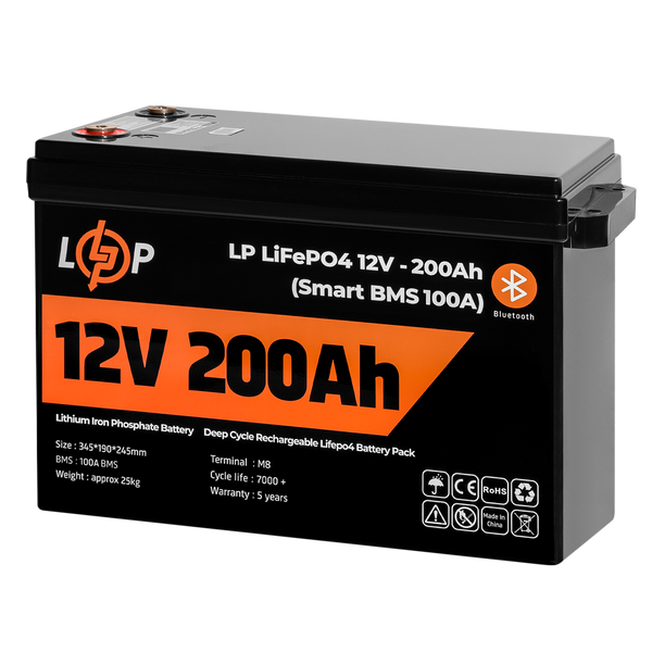 Аккумулятор LP LiFePO4 12V (12,8V) - 200 Ah (2560Wh) (Smart BMS 100А) с BT пластик для ИБП 20198 фото