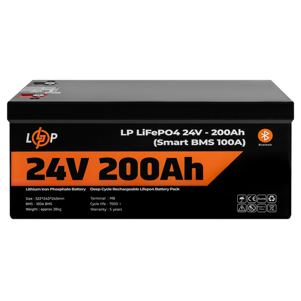 Акумулятор LP LiFePO4 24V (25,6V) - 200 Ah (5120Wh) (Smart BMS 100А) з BT пластик для ДБЖ 20201 фото