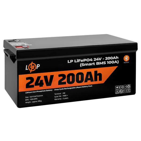 Аккумулятор LP LiFePO4 24V (25,6V) - 200 Ah (5120Wh) (Smart BMS 100А) с BT пластик для ИБП 20201 фото